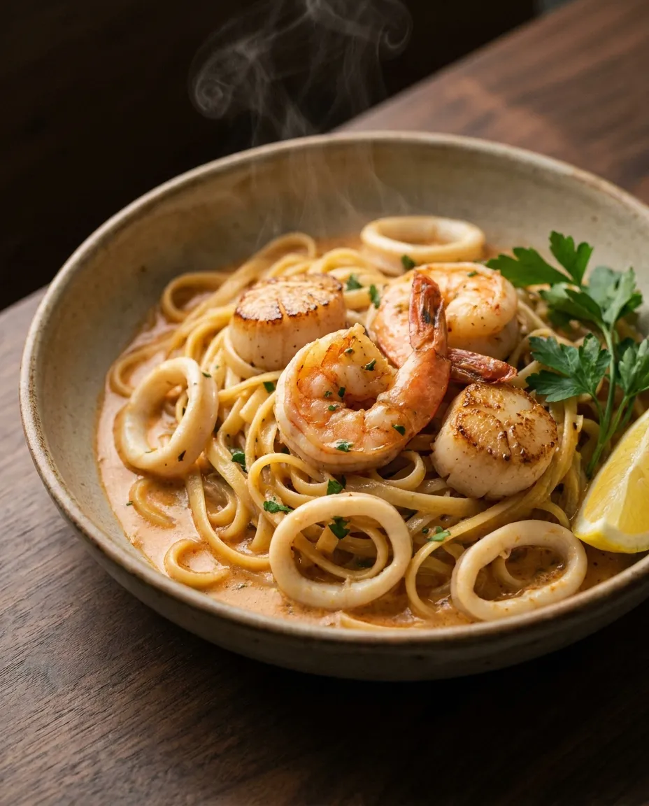 A plate of seafood linguine in a warm dining room